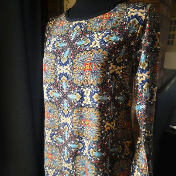 One Clothing 70s Retro Blue Multi-Colored Patterned Round Neck Dress - Size S - Picture 3 of 14